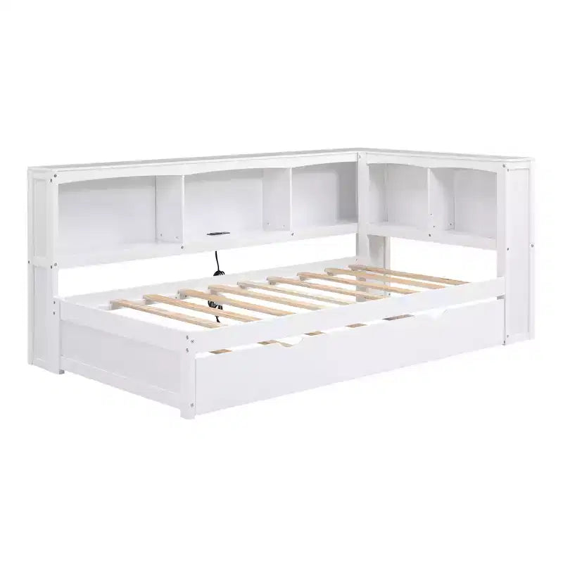 Letto a giorno matrimoniale bianco con letto estraibile, contenitore e porte USB – Posti letto 2