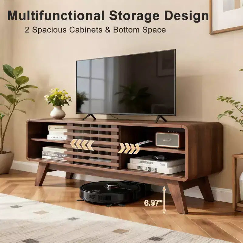 Mobile TV in MDF naturale con anta scorrevole a stecche, adatto per TV fino a 50", per 1