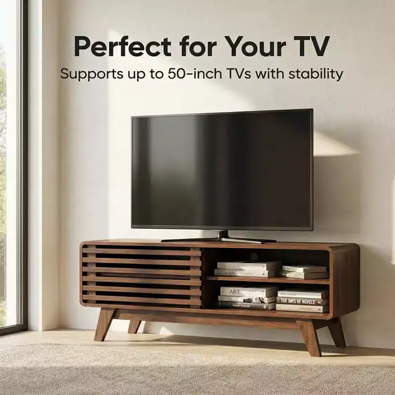Mobile TV in MDF naturale con anta scorrevole a stecche, adatto per TV fino a 50", per 1