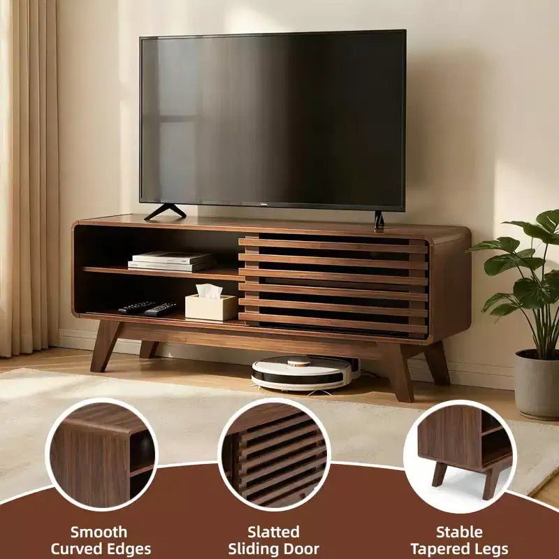 Mobile TV in MDF naturale con anta scorrevole a stecche, adatto per TV fino a 50", per 1