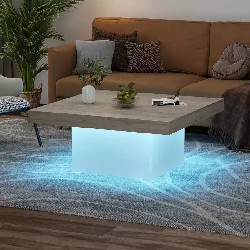 Tavolino da Caffè Quadrato Grigio con Luci LED a 16 Colori, Base a Piedistallo, 1 Posto, 89 cm