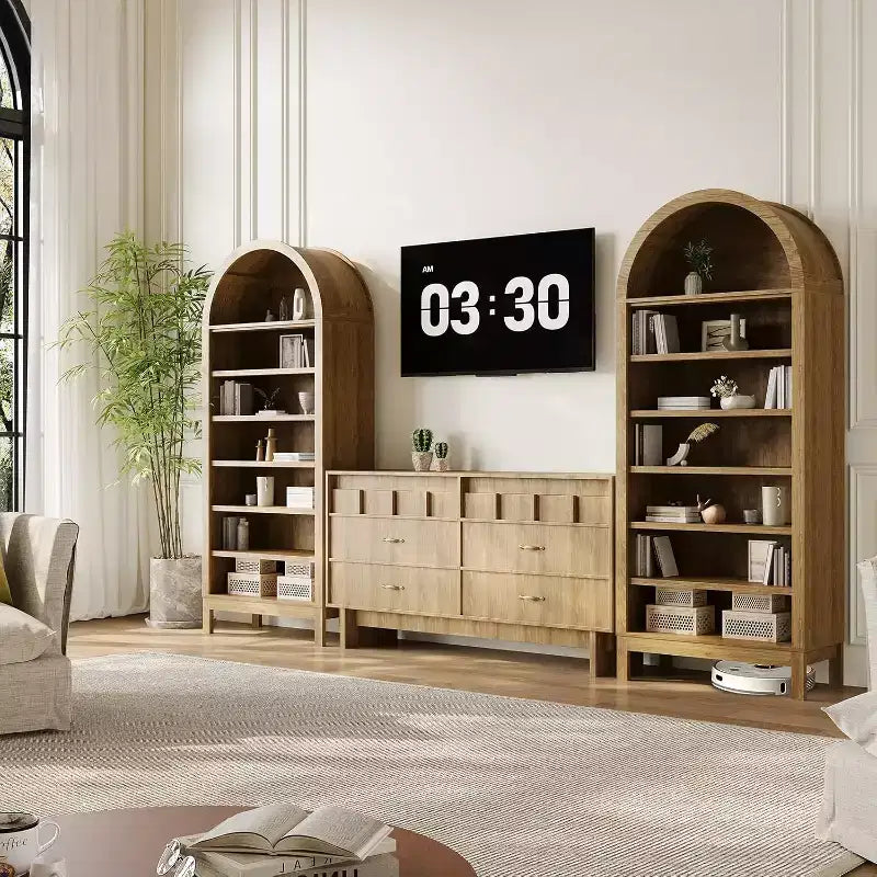 Legno Naturale | Libreria ad Arco | 7 Ripiani Regolabili | Montaggio in 1 Persona