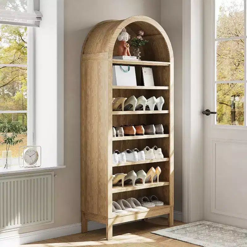 Legno Naturale | Libreria ad Arco | 7 Ripiani Regolabili | Montaggio in 1 Persona