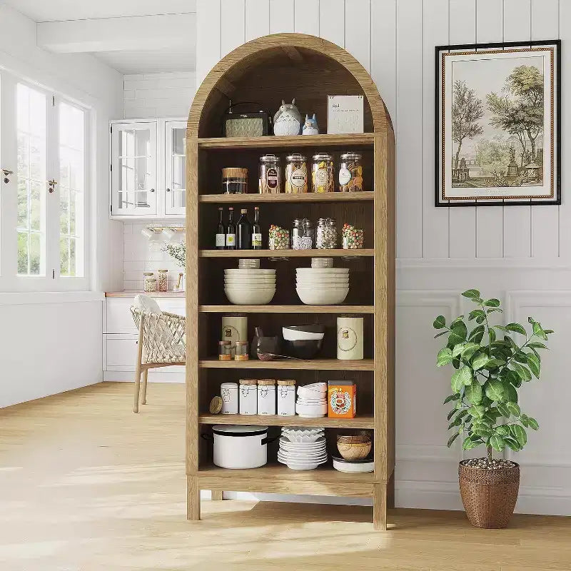 Legno Naturale | Libreria ad Arco | 7 Ripiani Regolabili | Montaggio in 1 Persona