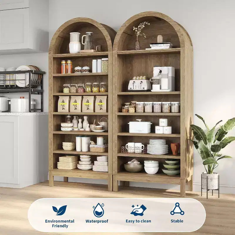 Legno Naturale | Libreria ad Arco | 7 Ripiani Regolabili | Montaggio in 1 Persona