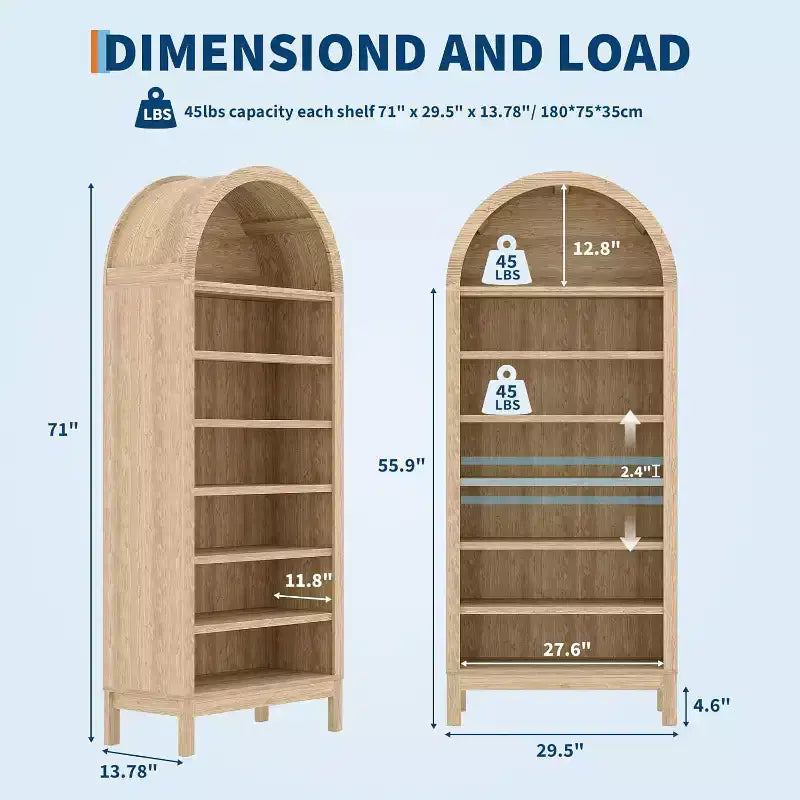 Legno Naturale | Libreria ad Arco | 7 Ripiani Regolabili | Montaggio in 1 Persona