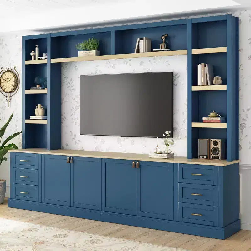 Mobile TV rustico a 4 pezzi, nero/blu notte/bianco, larghezza 260 cm, adatto per TV fino a 75"