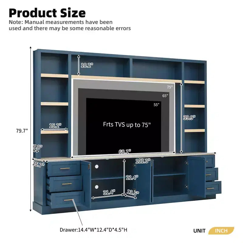 Mobile TV rustico a 4 pezzi, nero/blu notte/bianco, larghezza 260 cm, adatto per TV fino a 75"