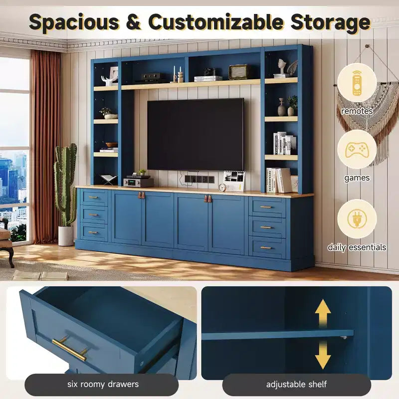 Mobile TV rustico a 4 pezzi, nero/blu notte/bianco, larghezza 260 cm, adatto per TV fino a 75"