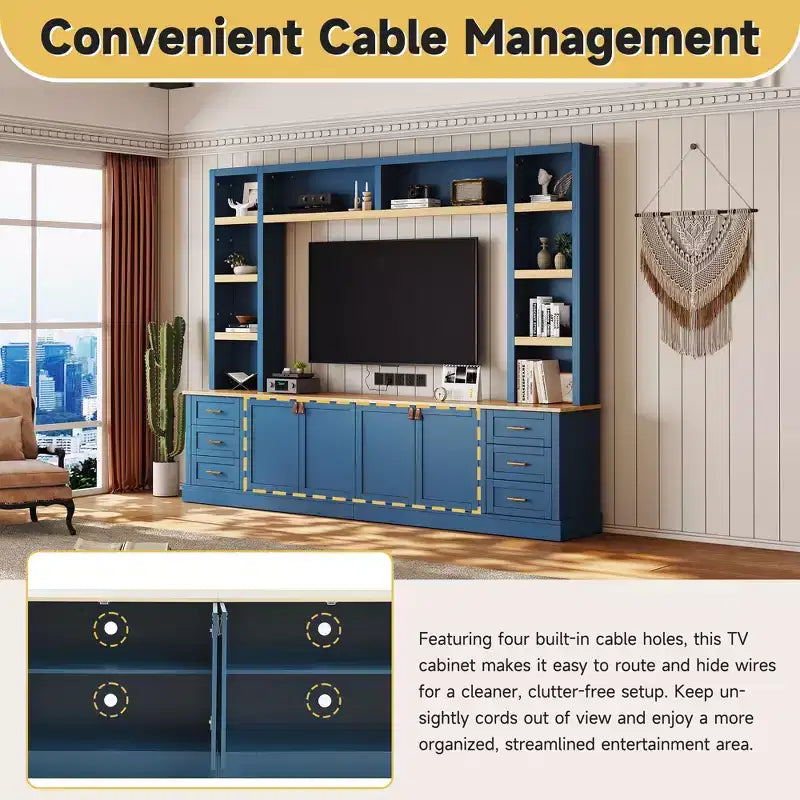 Mobile TV rustico a 4 pezzi, nero/blu notte/bianco, larghezza 260 cm, adatto per TV fino a 75"