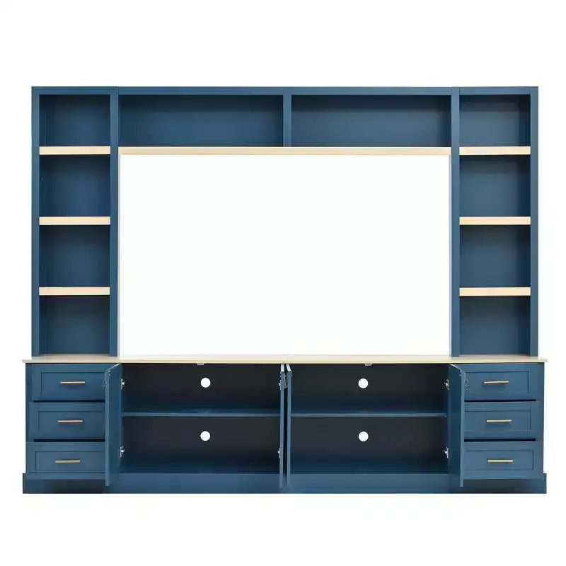Mobile TV rustico a 4 pezzi, nero/blu notte/bianco, larghezza 260 cm, adatto per TV fino a 75"
