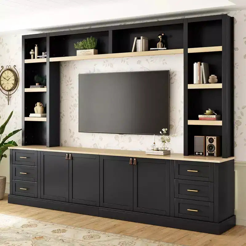 Mobile TV rustico a 4 pezzi, nero/blu notte/bianco, larghezza 260 cm, adatto per TV fino a 75"