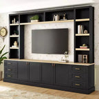Black / Navy Blue / White Farmhouse 4-Piece Entertainment Center, 102.3" Wide, Fits up to 75" TV