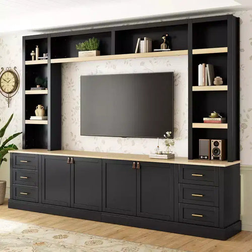 Mobile TV rustico a 4 pezzi, nero/blu notte/bianco, larghezza 260 cm, adatto per TV fino a 75"