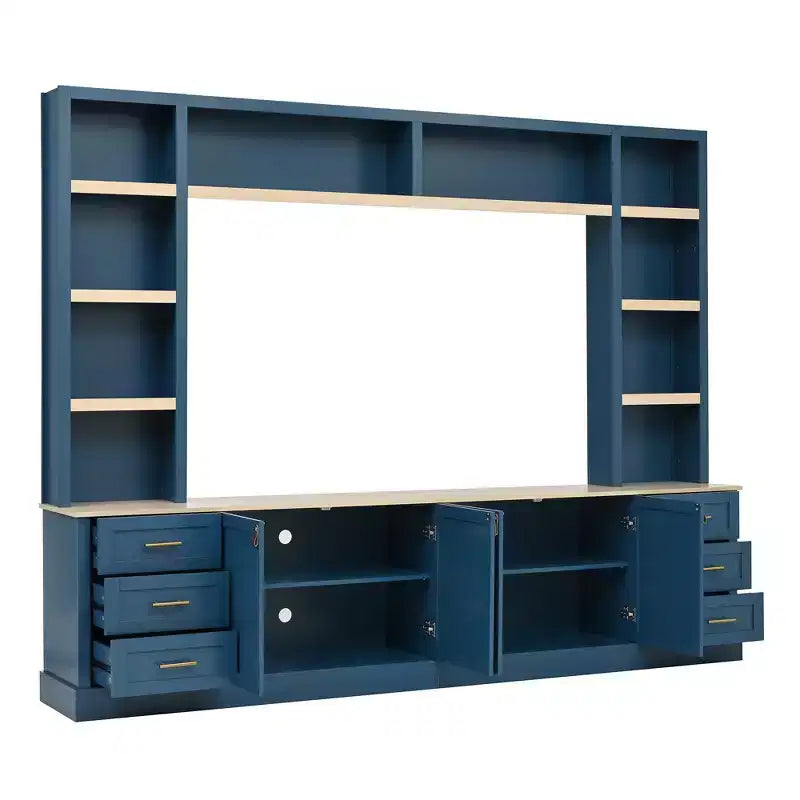 Mobile TV rustico a 4 pezzi, nero/blu notte/bianco, larghezza 260 cm, adatto per TV fino a 75"