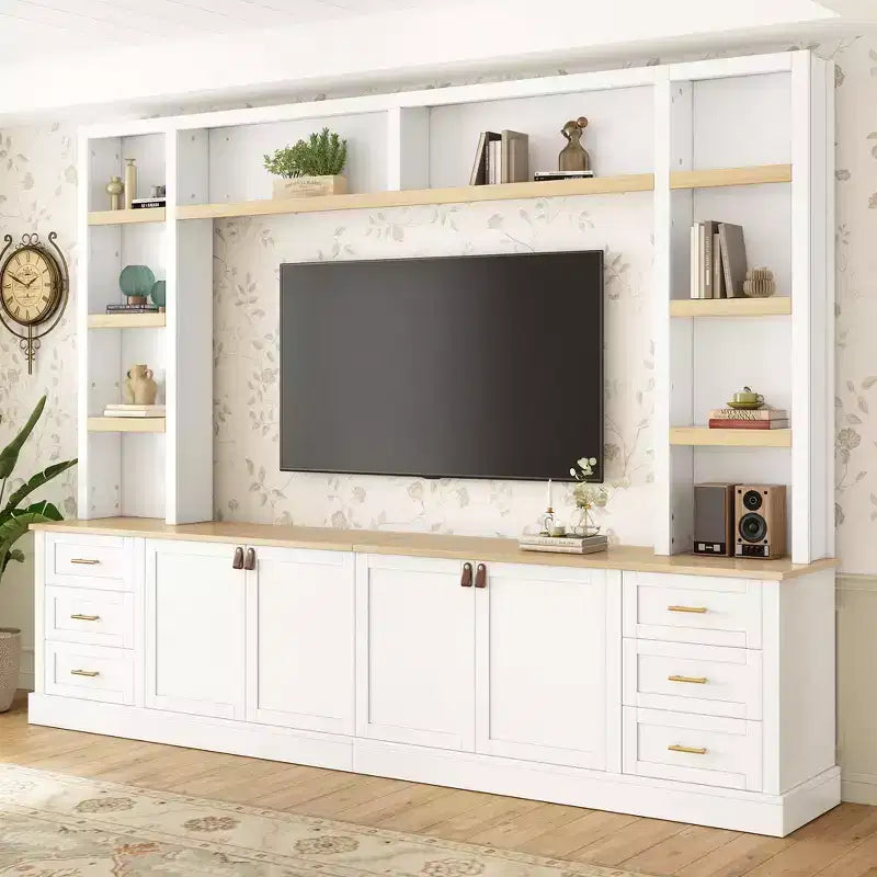 Mobile TV rustico a 4 pezzi, nero/blu notte/bianco, larghezza 260 cm, adatto per TV fino a 75"