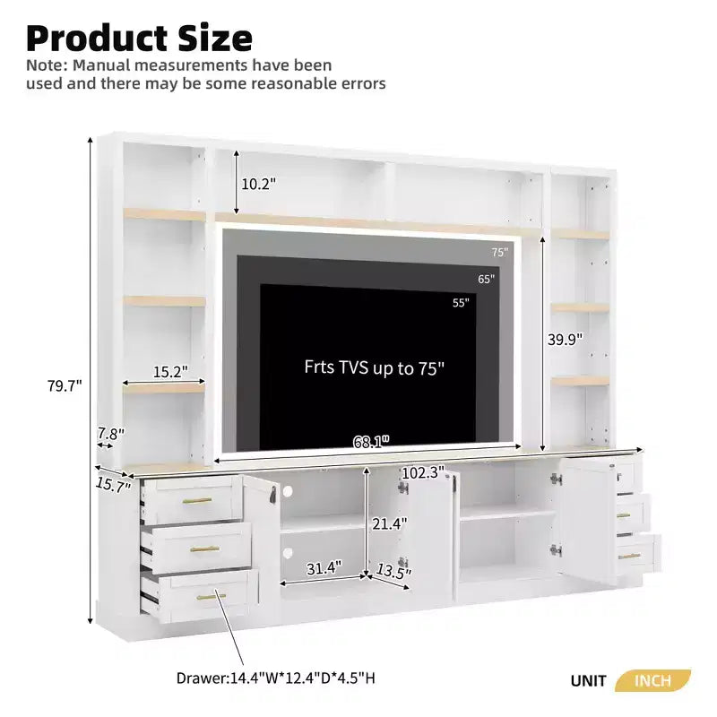 Mobile TV rustico a 4 pezzi, nero/blu notte/bianco, larghezza 260 cm, adatto per TV fino a 75"