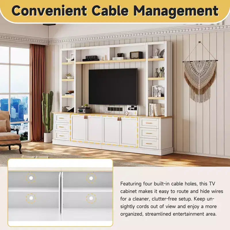 Mobile TV rustico a 4 pezzi, nero/blu notte/bianco, larghezza 260 cm, adatto per TV fino a 75"