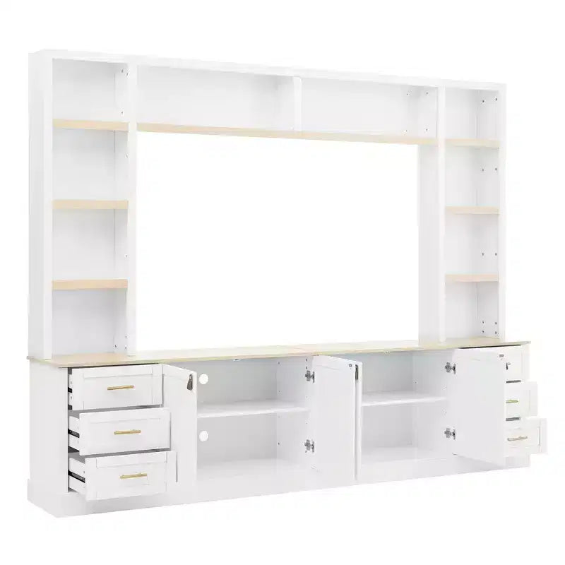 Mobile TV rustico a 4 pezzi, nero/blu notte/bianco, larghezza 260 cm, adatto per TV fino a 75"