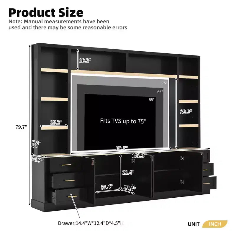 Mobile TV rustico a 4 pezzi, nero/blu notte/bianco, larghezza 260 cm, adatto per TV fino a 75"
