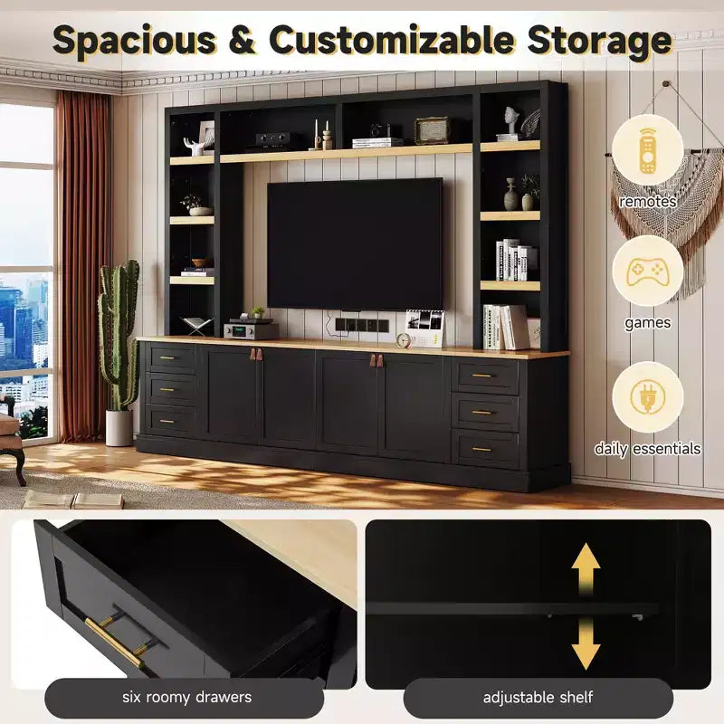 Mobile TV rustico a 4 pezzi, nero/blu notte/bianco, larghezza 260 cm, adatto per TV fino a 75"