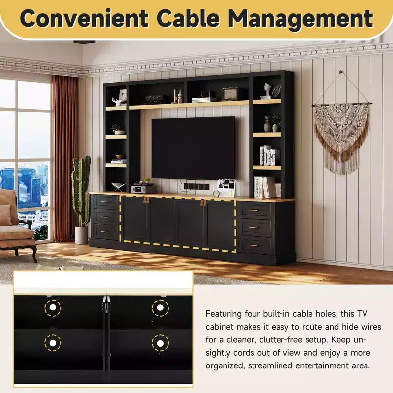 Mobile TV rustico a 4 pezzi, nero/blu notte/bianco, larghezza 260 cm, adatto per TV fino a 75"