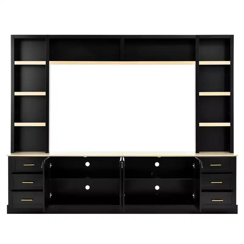 Mobile TV rustico a 4 pezzi, nero/blu notte/bianco, larghezza 260 cm, adatto per TV fino a 75"