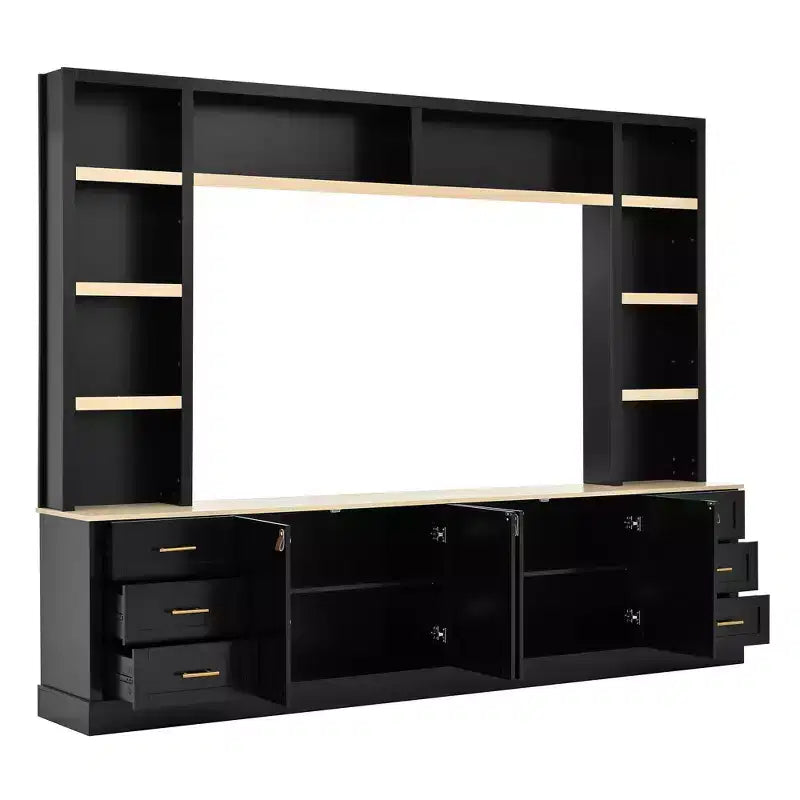 Mobile TV rustico a 4 pezzi, nero/blu notte/bianco, larghezza 260 cm, adatto per TV fino a 75"
