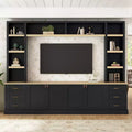 Mobile TV rustico a 4 pezzi, nero/blu notte/bianco, larghezza 260 cm, adatto per TV fino a 75"