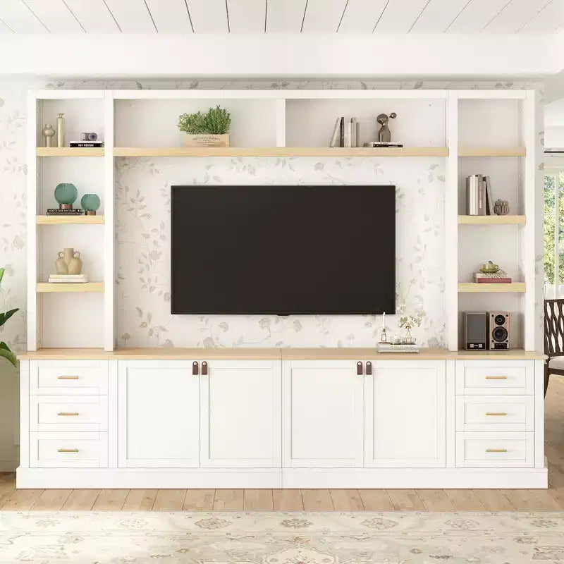 Mobile TV rustico a 4 pezzi, nero/blu notte/bianco, larghezza 260 cm, adatto per TV fino a 75"