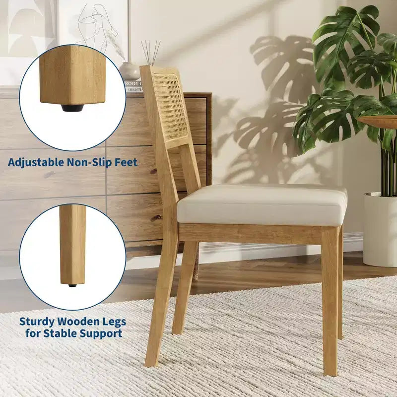 Set di 2 sedie da pranzo country francese, senza braccioli, con struttura in legno e schienale in rattan, seduta imbottita confortevole per cucina, ristorante o casa