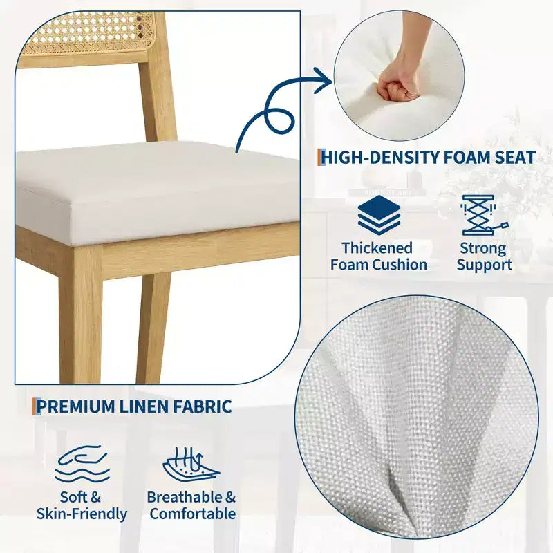 Set di 2 sedie da pranzo country francese, senza braccioli, con struttura in legno e schienale in rattan, seduta imbottita confortevole per cucina, ristorante o casa