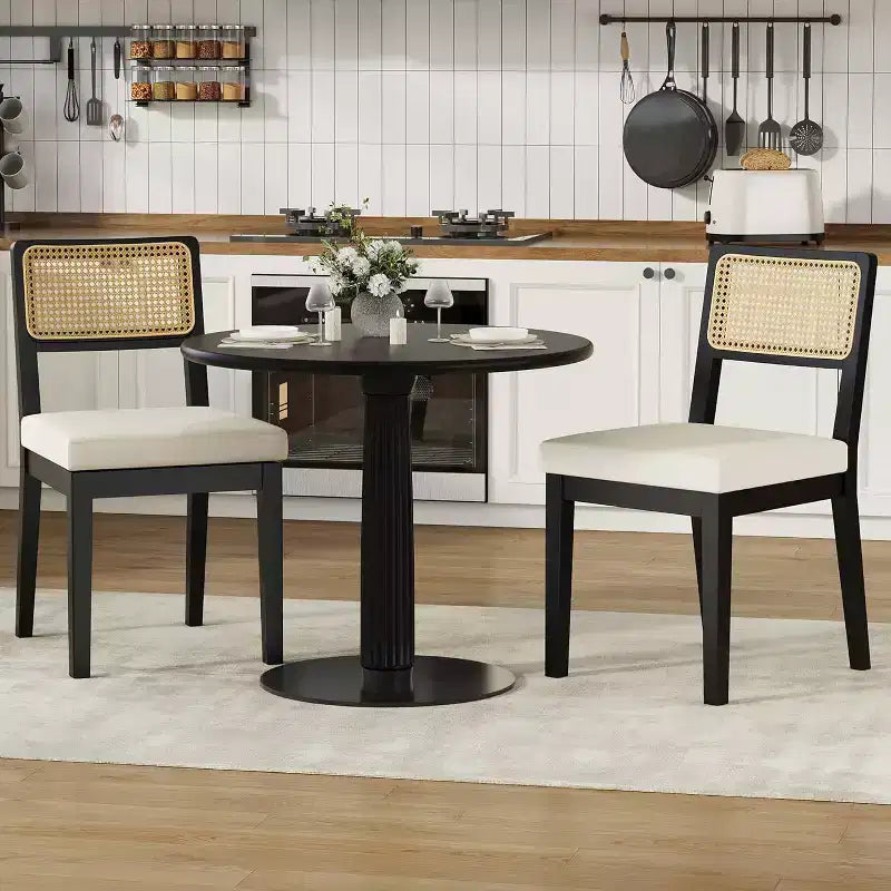 Set di 2 sedie da pranzo country francese, senza braccioli, con struttura in legno e schienale in rattan, seduta imbottita confortevole per cucina, ristorante o casa