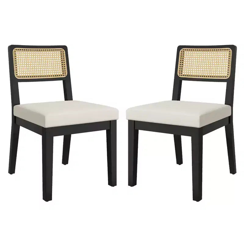 Set di 2 sedie da pranzo country francese, senza braccioli, con struttura in legno e schienale in rattan, seduta imbottita confortevole per cucina, ristorante o casa