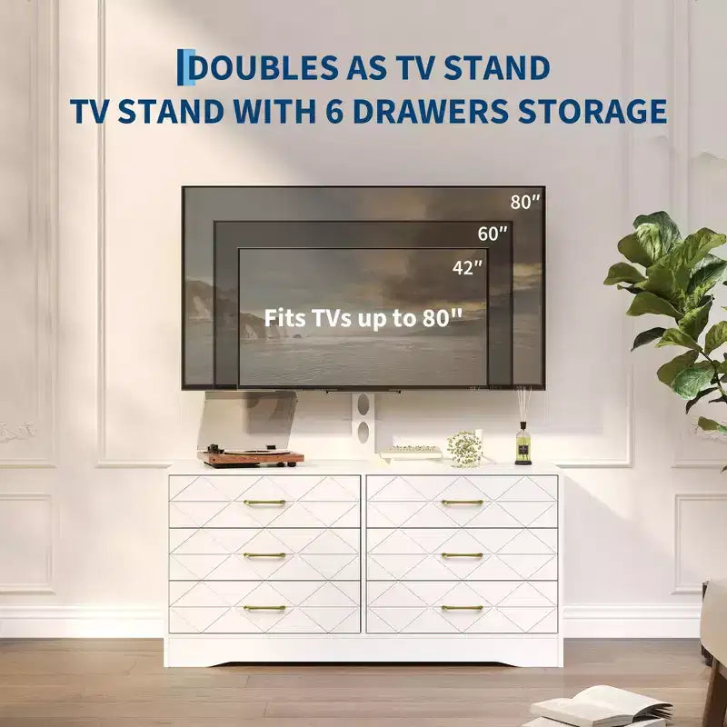 Mobile porta TV, bianco/nero, 6 cassetti, supporto regolabile, per TV da 32 a 80"
