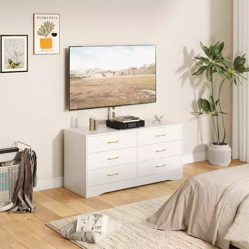 Mobile porta TV, bianco/nero, 6 cassetti, supporto regolabile, per TV da 32 a 80"