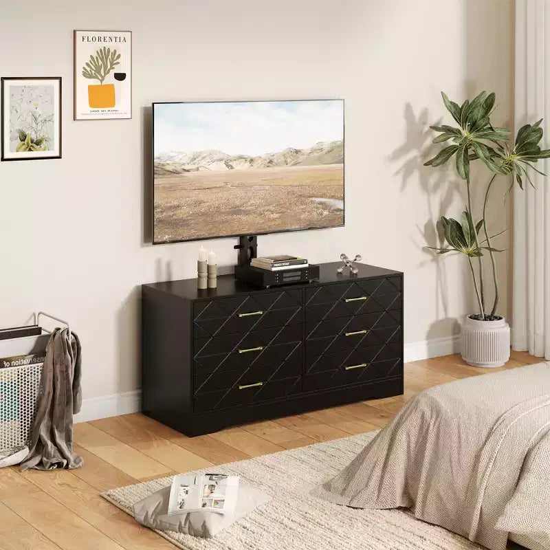 Mobile porta TV, bianco/nero, 6 cassetti, supporto regolabile, per TV da 32 a 80"
