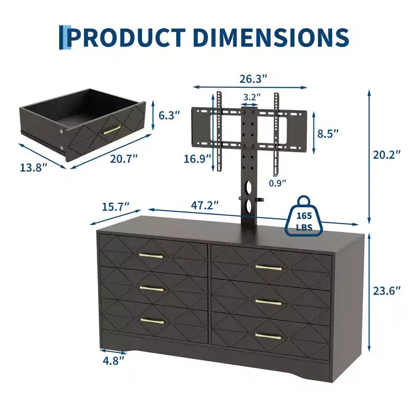 Mobile porta TV, bianco/nero, 6 cassetti, supporto regolabile, per TV da 32 a 80"
