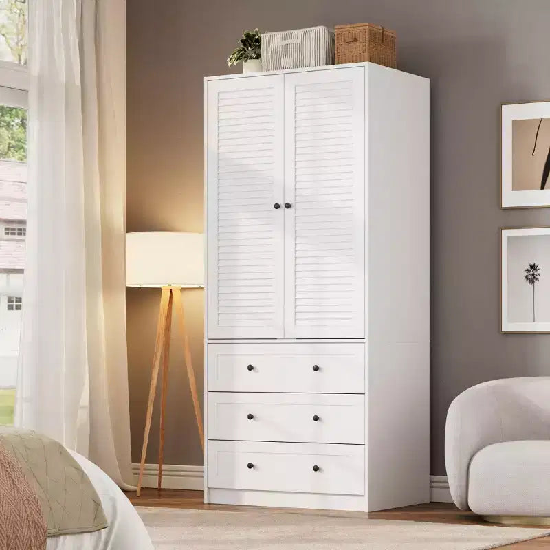Armadio Guardaroba 70", Nero / Bianco / Legno, 2 Ante, 3 Cassetti, Asta Appendini