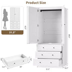 Armario ropero de 70", negro / blanco / madera, 2 puertas, 3 cajones y barra para colgar