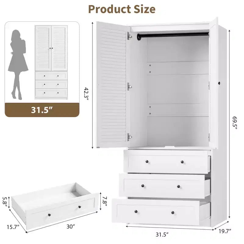 Armadio Guardaroba 70", Nero / Bianco / Legno, 2 Ante, 3 Cassetti, Asta Appendini