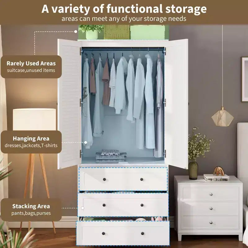 Armadio Guardaroba 70", Nero / Bianco / Legno, 2 Ante, 3 Cassetti, Asta Appendini