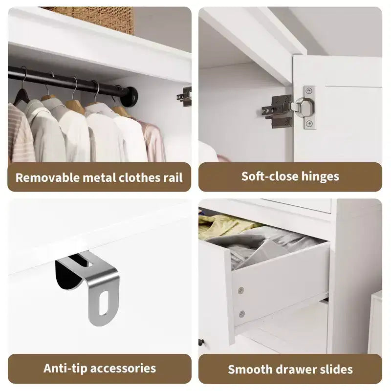 Armadio Guardaroba 70", Nero / Bianco / Legno, 2 Ante, 3 Cassetti, Asta Appendini