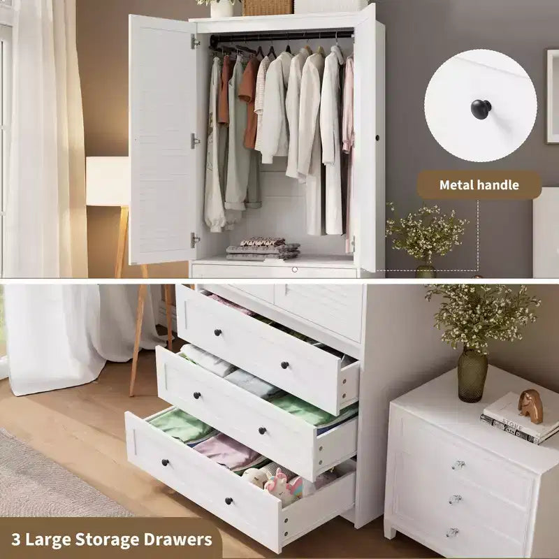 Armadio Guardaroba 70", Nero / Bianco / Legno, 2 Ante, 3 Cassetti, Asta Appendini