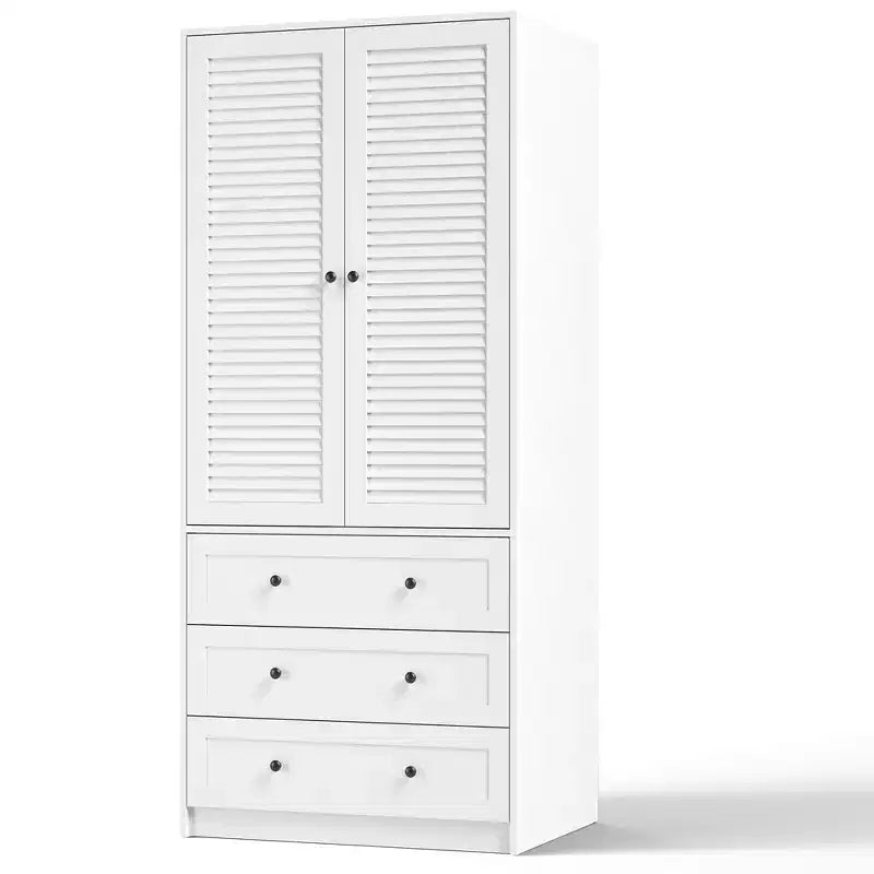 Armadio Guardaroba 70", Nero / Bianco / Legno, 2 Ante, 3 Cassetti, Asta Appendini