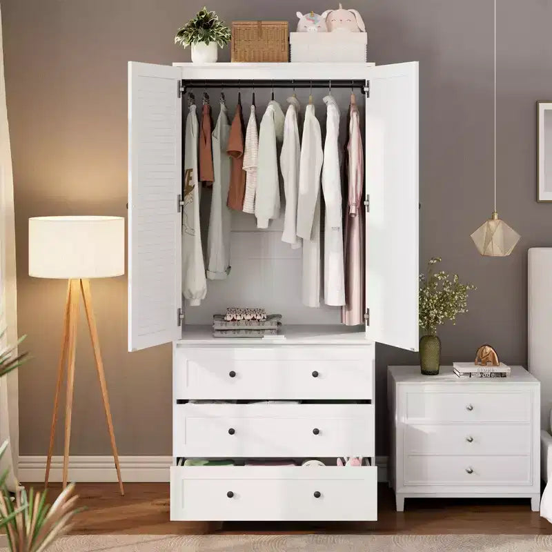 Armadio Guardaroba 70", Nero / Bianco / Legno, 2 Ante, 3 Cassetti, Asta Appendini