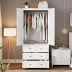 Armario ropero de 70", negro / blanco / madera, 2 puertas, 3 cajones y barra para colgar