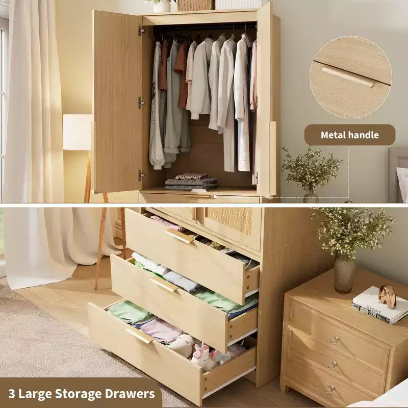 Armadio Guardaroba 70", Nero / Bianco / Legno, 2 Ante, 3 Cassetti, Asta Appendini