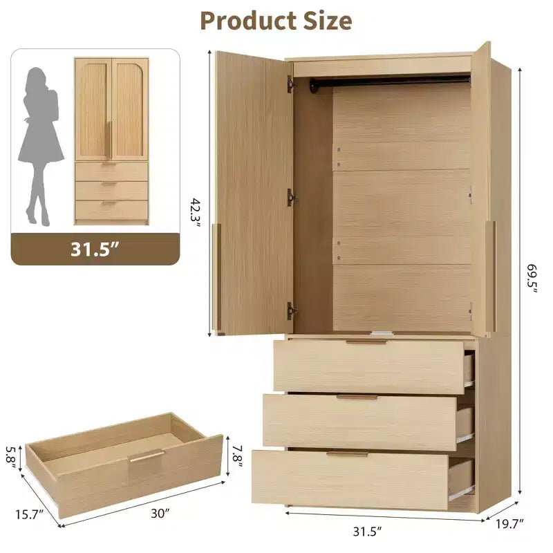 Armadio Guardaroba 70", Nero / Bianco / Legno, 2 Ante, 3 Cassetti, Asta Appendini