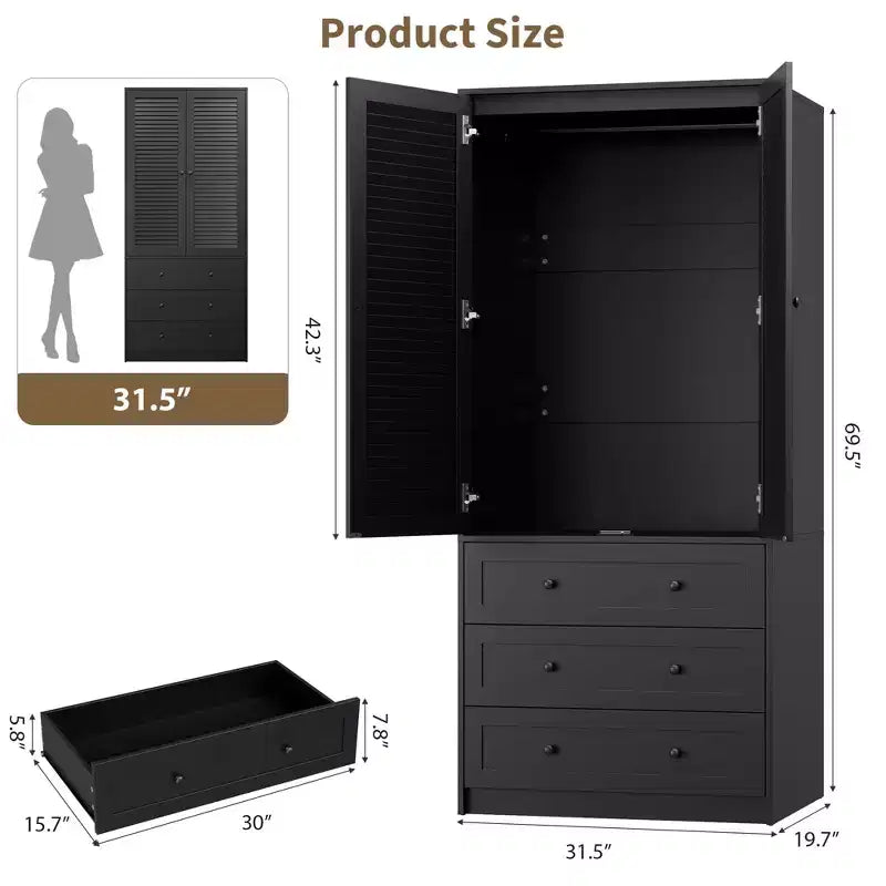 Armadio Guardaroba 70", Nero / Bianco / Legno, 2 Ante, 3 Cassetti, Asta Appendini